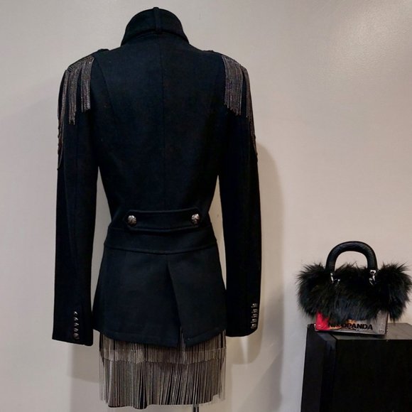 💥KILLER DESIGN💥Vintage Steampunk Chain Shoulder Military Wool Coat in Black - Picture 8 of 16